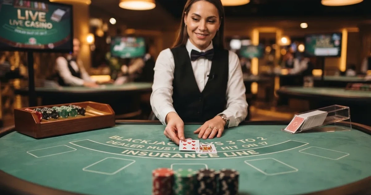 Dealer i vest og butterfly deler kort ud ved et blackjackbord i et livecasino-studie, set fra spillerens side i dæmpet varmt lys.