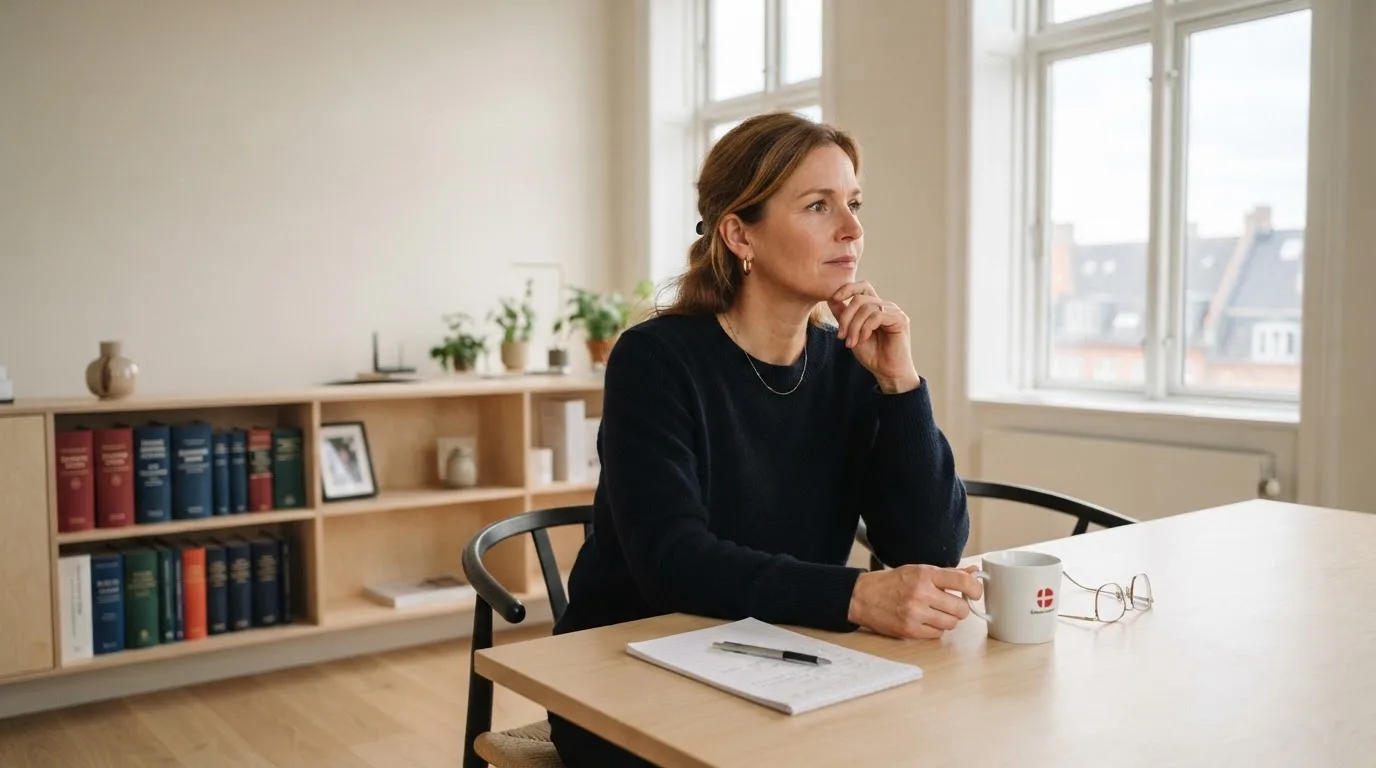 Jurist sidder ved et skrivebord i et lyst københavnsk kontor med reol, kaffekop og store vinduer og kigger eftertænksomt ud.
