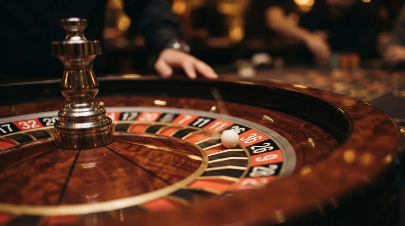 Nærbillede af et roulettehjul i bevægelse med en hvid kugle, der springer mellem felterne, og sløret baggrund i et casinostudie.